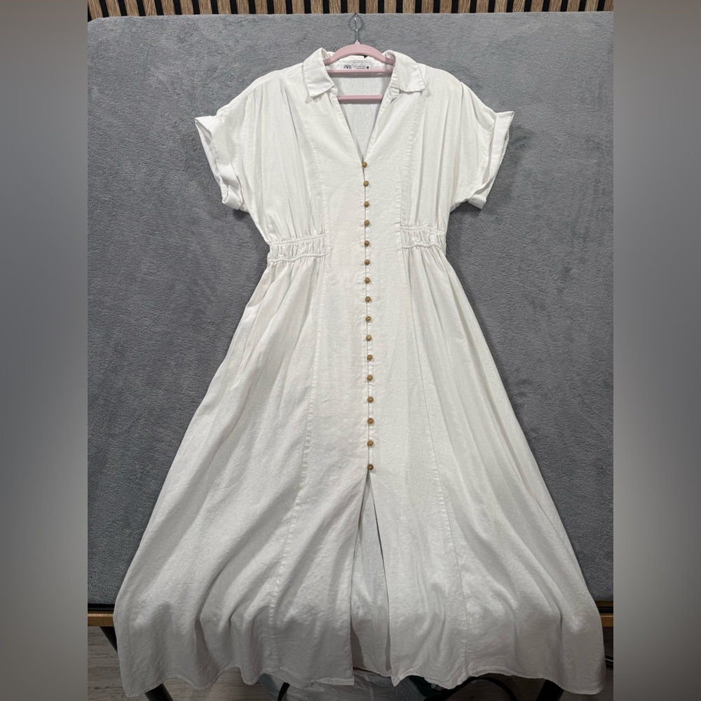 Zara White Linen Blend Midi Dress